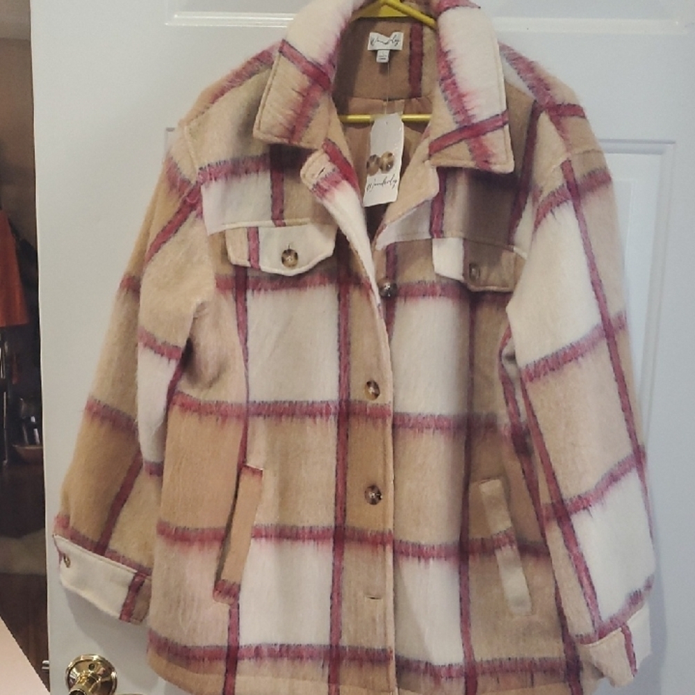 Wonderly  Shacket Tan/ Red Plaid   NWT Large - Picture 5 of 9